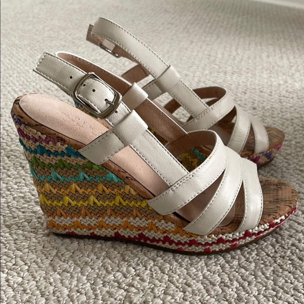 White Leather Wedge Sandals with Rainbow Heels, size 5-5.5